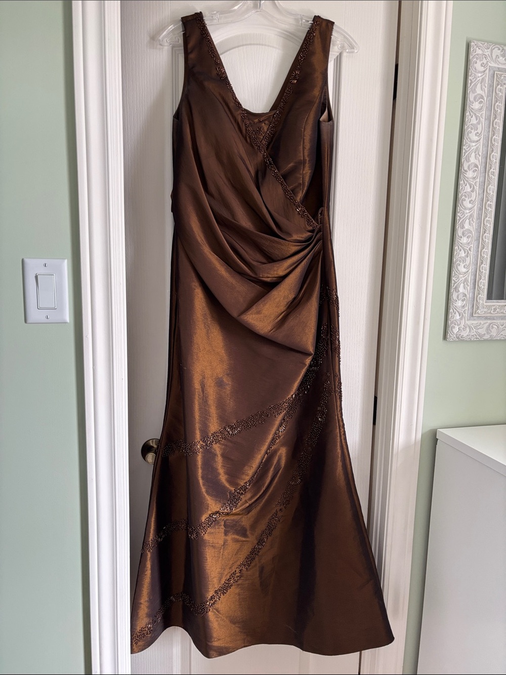 Vintage Brown Satin Draped Maxi Dress with Beaded Trim